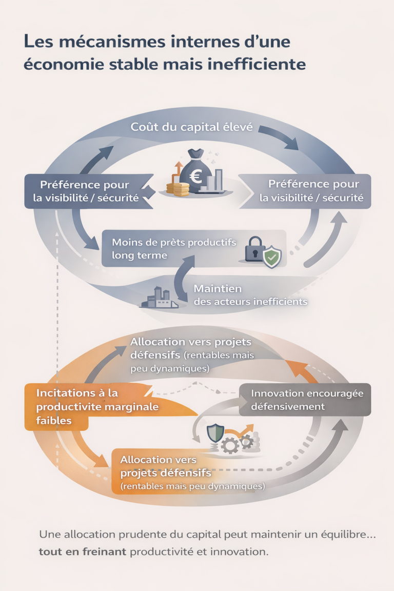 Schéma des mécanismes macro-financiers d’une économie institutionnellement stable, montrant comment un coût du capital élevé, une allocation défensive et des incitations faibles conduisent à une productivité et une innovation dégradées sans crise visible.