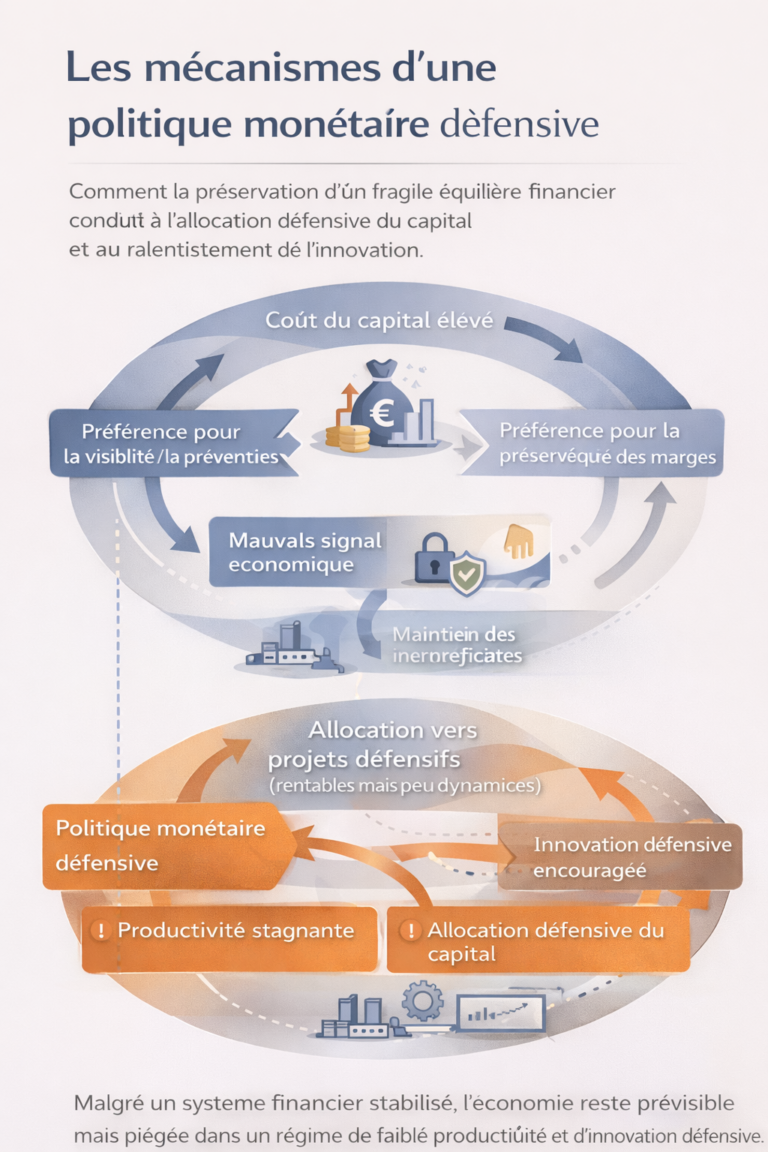 Schéma macro-financier montrant comment une politique monétaire défensive stabilise le système économique sans relancer la croissance, en favorisant une allocation prudente du capital, la préservation des marges et une productivité stagnante.