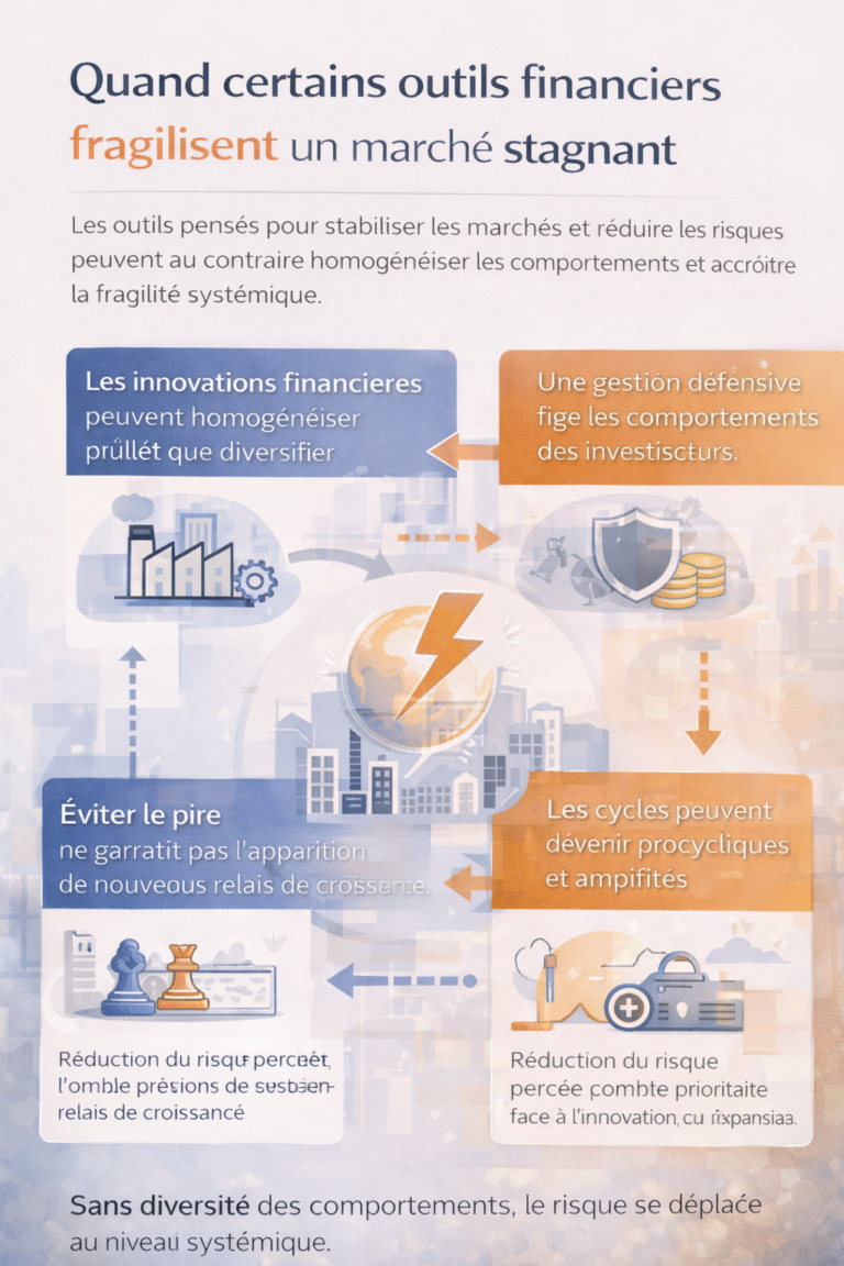 Infographie macro-financière montrant comment la standardisation des innovations financières réduit la diversité des comportements, synchronise les décisions d’investissement et augmente le risque systémique en période de stress.