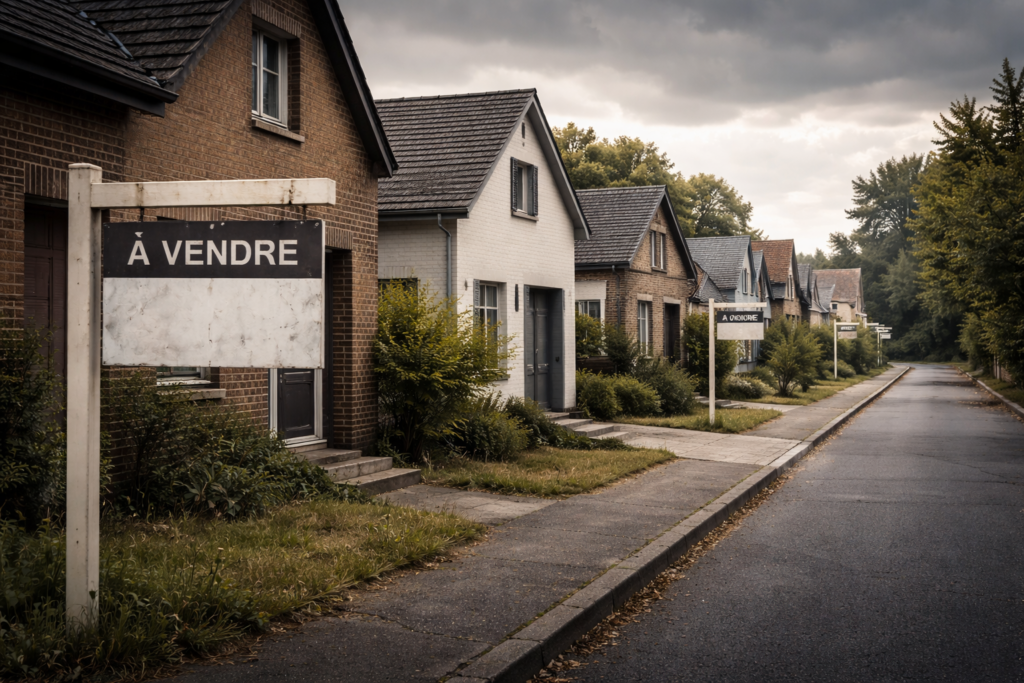 Quartier résidentiel calme avec maisons alignées et panneaux de vente usés illustrant l’inertie du marché immobilier malgré la hausse des taux et le durcissement du crédit
