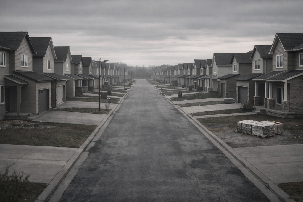 Lotissement de maisons individuelles récentes le long d’une rue vide, illustrant l’inertie du marché immobilier malgré le durcissement des conditions de crédit.