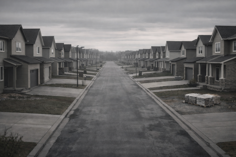 Lotissement de maisons individuelles récentes le long d’une rue vide, illustrant l’inertie du marché immobilier malgré le durcissement des conditions de crédit.