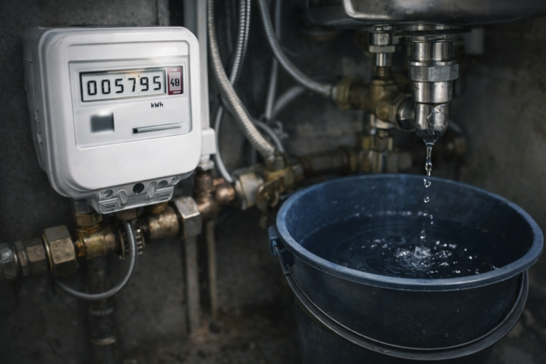 Compteur énergétique affichant une valeur stable tandis qu’une fuite lente alimente un récipient en contrebas, illustrant un décalage entre indicateur visible et coûts cumulés