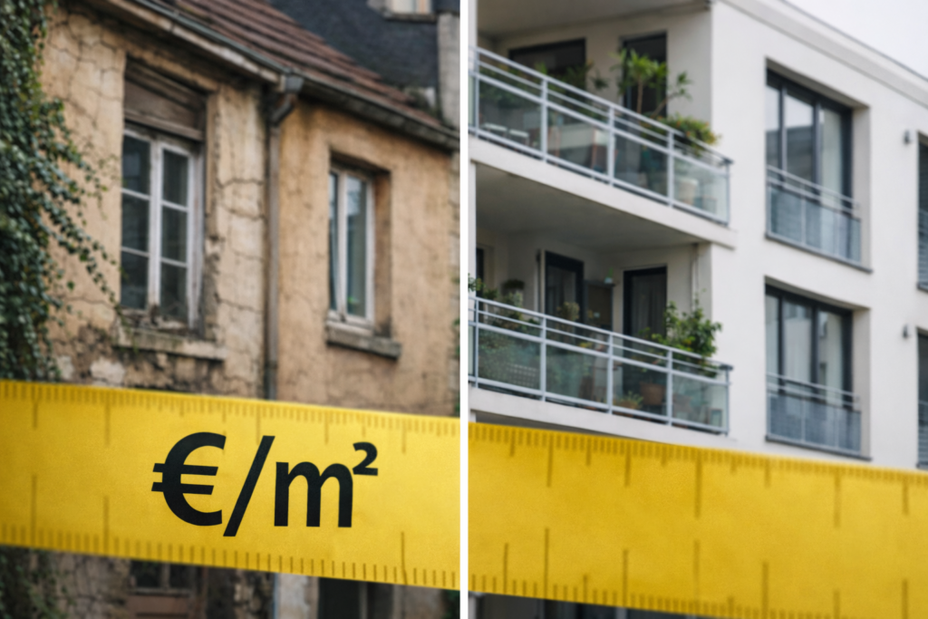 Deux immeubles de qualité très différente séparés par un repère de mesure, illustrant l’illusion de comparabilité créée par le prix au mètre carré