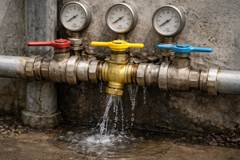 Réseau de tuyaux avec vannes et manomètres montrant une pression élevée, tandis qu’un flux d’eau s’échappe malgré un système apparemment fonctionnel.
