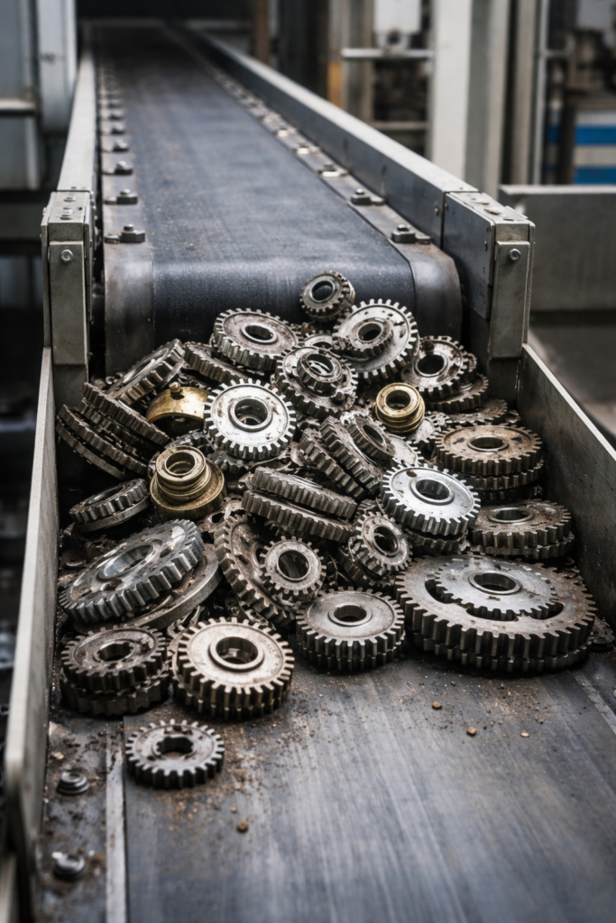Accumulation d’engrenages métalliques bloquant un convoyeur industriel, représentant l’incompatibilité fonctionnelle entre des éléments pourtant techniquement opérationnels.
