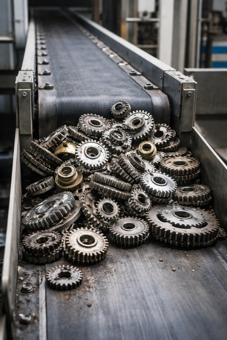 Accumulation d’engrenages métalliques bloquant un convoyeur industriel, représentant l’incompatibilité fonctionnelle entre des éléments pourtant techniquement opérationnels.