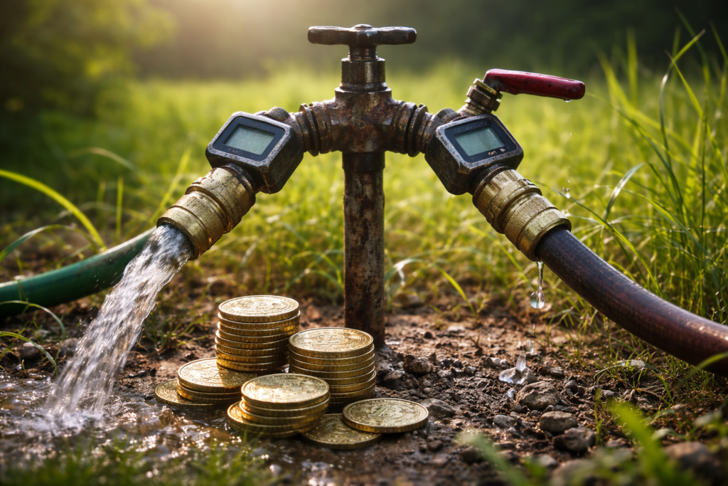 Barrière métallique industrielle bloquée à mi-course, illustrant l’écart entre adoption croissante des crypto-actifs et absence de pression durable sur les prix