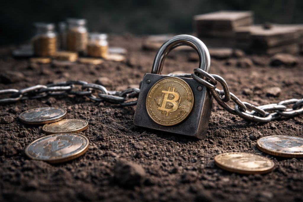 Cadenas métallique fermé posé sur un sol minéral, entouré d’objets métalliques immobiles, suggérant une contrainte d’offre sans dynamique d’échange visible