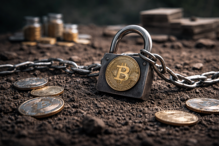 Cadenas métallique fermé posé sur un sol minéral, entouré d’objets métalliques immobiles, suggérant une contrainte d’offre sans dynamique d’échange visible