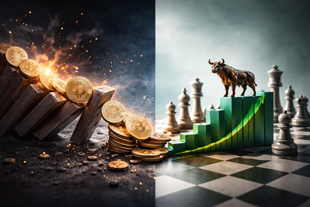 Objets physiques disposés de manière instable d’un côté et alignée de l’autre, illustrant des dynamiques contrastées de variation et de stabilisation sans référence financière explicite