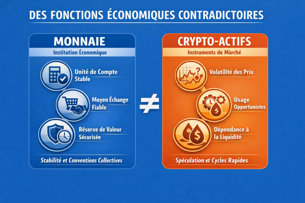 Infographie comparant les fonctions économiques d’une monnaie (unité de compte, intermédiaire des échanges, réserve de valeur) et les caractéristiques des crypto-actifs, mettant en évidence leur décalage structurel.