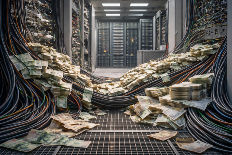 Salle technique automatisée où des câbles et des liasses s’accumulent, illustrant les coûts systémiques invisibles générés par l’automatisation financière et l’IA.