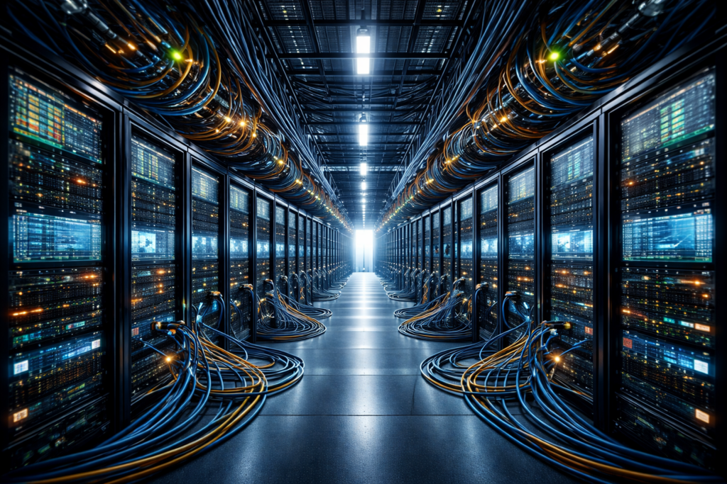 Centre de données financier illustrant la synchronisation des décisions de trading algorithmique et l’amplification de la volatilité malgré l’abondance de données.