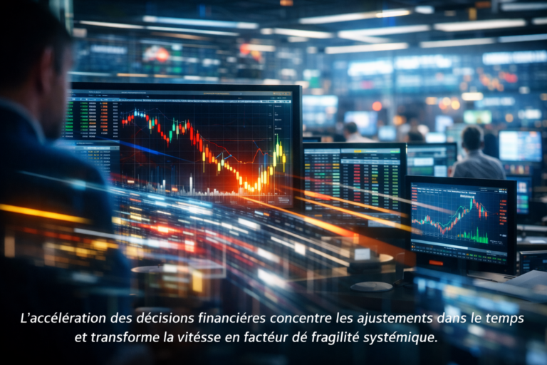 Accélération des décisions financières illustrant la synchronisation des réactions et la fragilisation des marchés