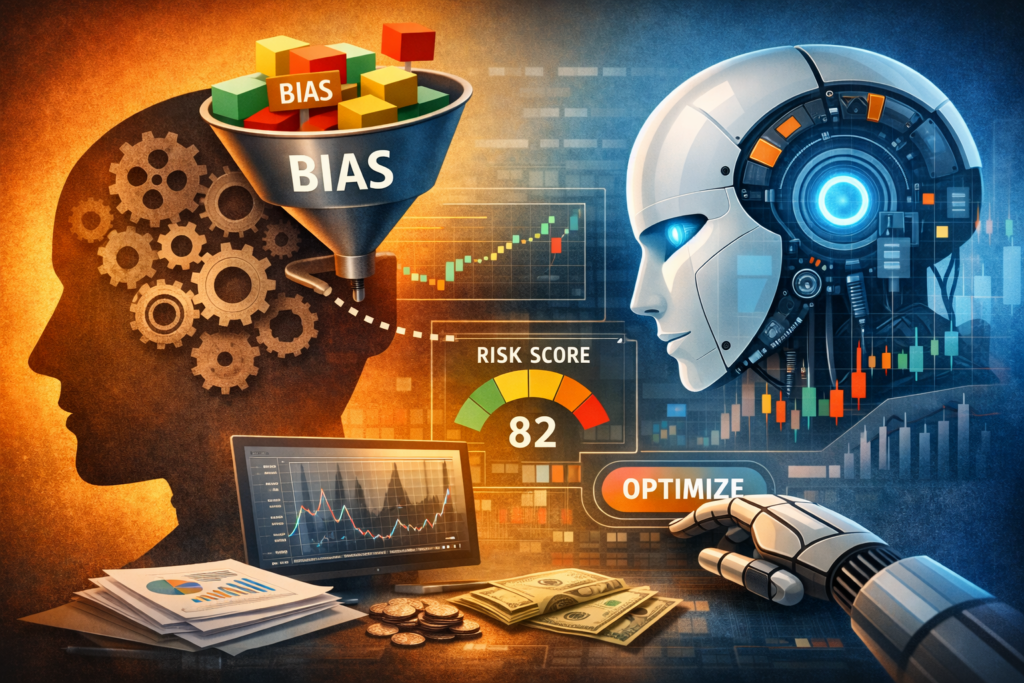 Illustration montrant comment les biais humains sont intégrés dans les données et les modèles d’intelligence artificielle utilisés en finance, influençant l’évaluation du risque.