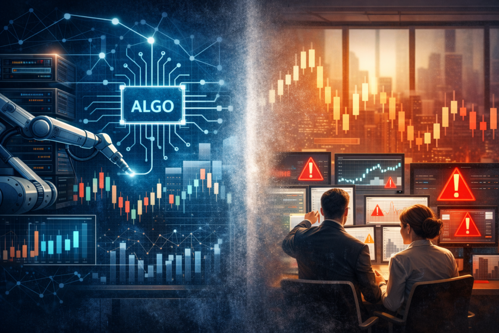 Empilement de systèmes financiers automatisés illustrant la complexification des décisions et les limites de la supervision globale