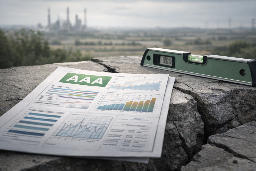 Rapport de notation de crédit affichant un score AAA posé sur une surface fissurée, illustrant le décalage entre scoring automatisé et risque macroéconomique latent