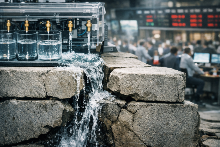 Dispositif automatisé laissant s’écouler un flux à travers une structure fissurée, illustrant une liquidité conditionnelle qui se retire brutalement lors des chocs