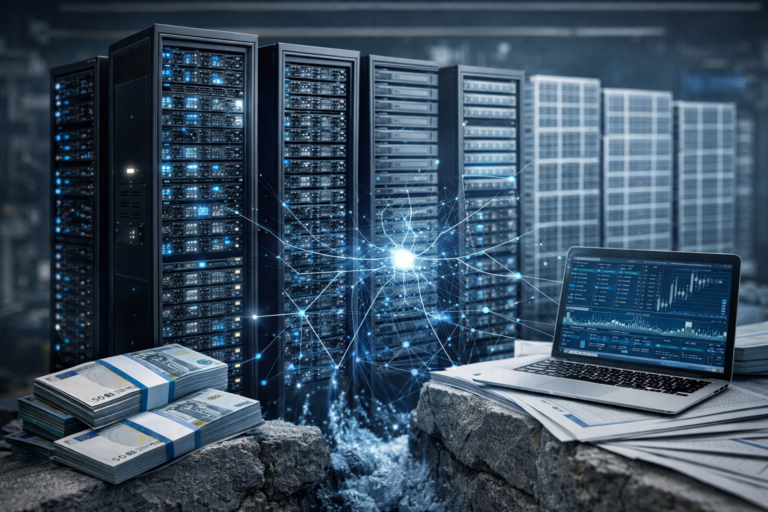 Infrastructures de serveurs concentrant la puissance de calcul reliées à un acteur financier unique, illustrant l’avantage cumulatif des grands acteurs dans la finance automatisée