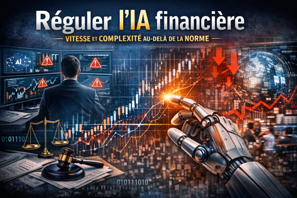 Illustration montrant le décalage entre la régulation financière traditionnelle et les dynamiques rapides et complexes de l’IA appliquée aux marchés.