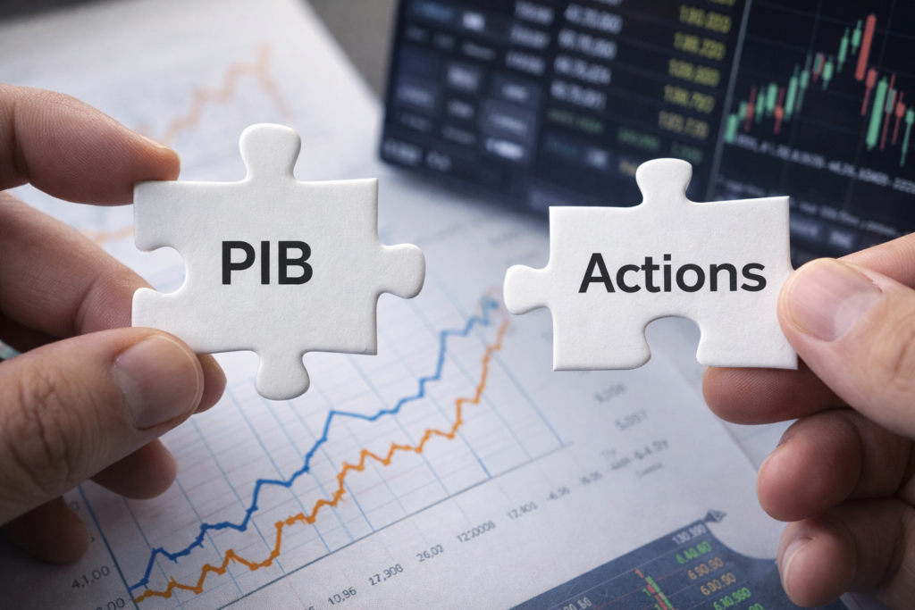 Deux pièces de puzzle distinctes représentant le PIB et les marchés actions, illustrant l’absence de correspondance directe entre croissance économique et performance boursière.
