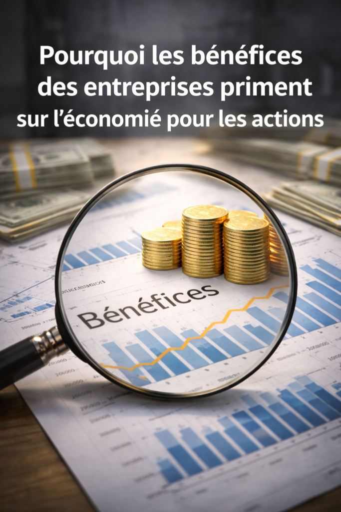 Gros plan mettant en évidence les bénéfices d’entreprises comme facteur central de valorisation des actions, indépendamment de l’activité économique globale.