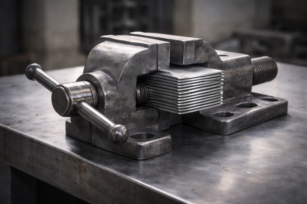 Étau industriel comprimant une pile de plaques métalliques, illustrant l’effet des taux d’intérêt réels sur la valorisation des actions.