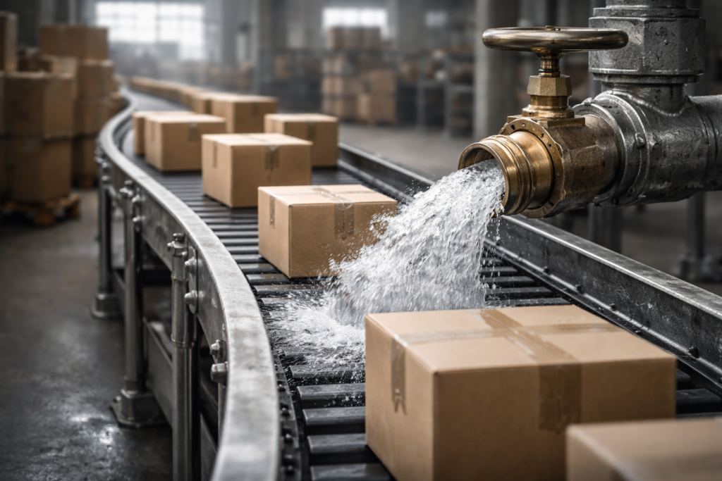 Flux d’eau continu déversé sur une chaîne industrielle transportant des cartons identiques, illustrant une injection de liquidité indépendante de la production économique.