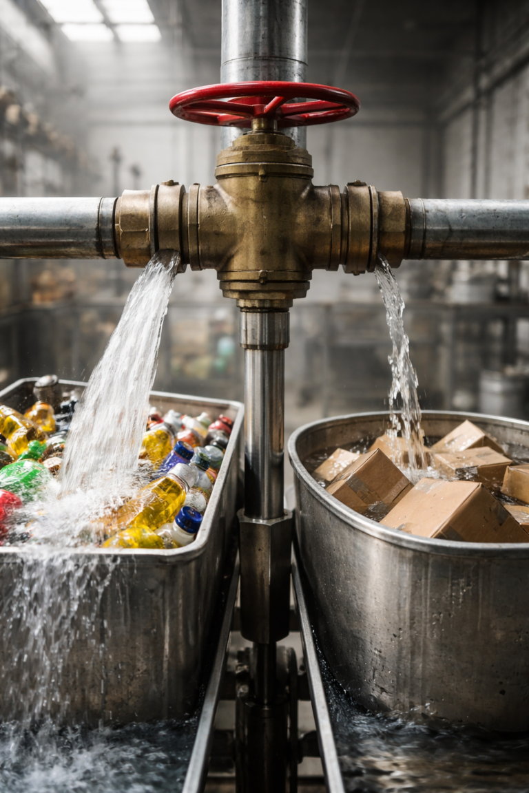 Vanne industrielle régulant des flux de liquide vers deux bacs recevant des volumes très différents