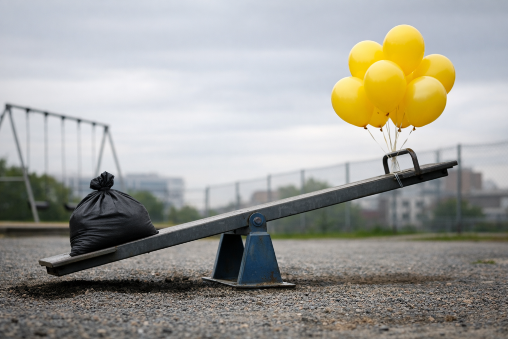 Balançoire métallique déséquilibrée avec un sac de sable d’un côté et des ballons jaunes de l’autre, sur un sol minéral sous un ciel couvert