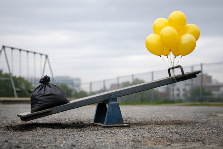 Balançoire métallique déséquilibrée avec un sac de sable d’un côté et des ballons jaunes de l’autre, sur un sol minéral sous un ciel couvert
