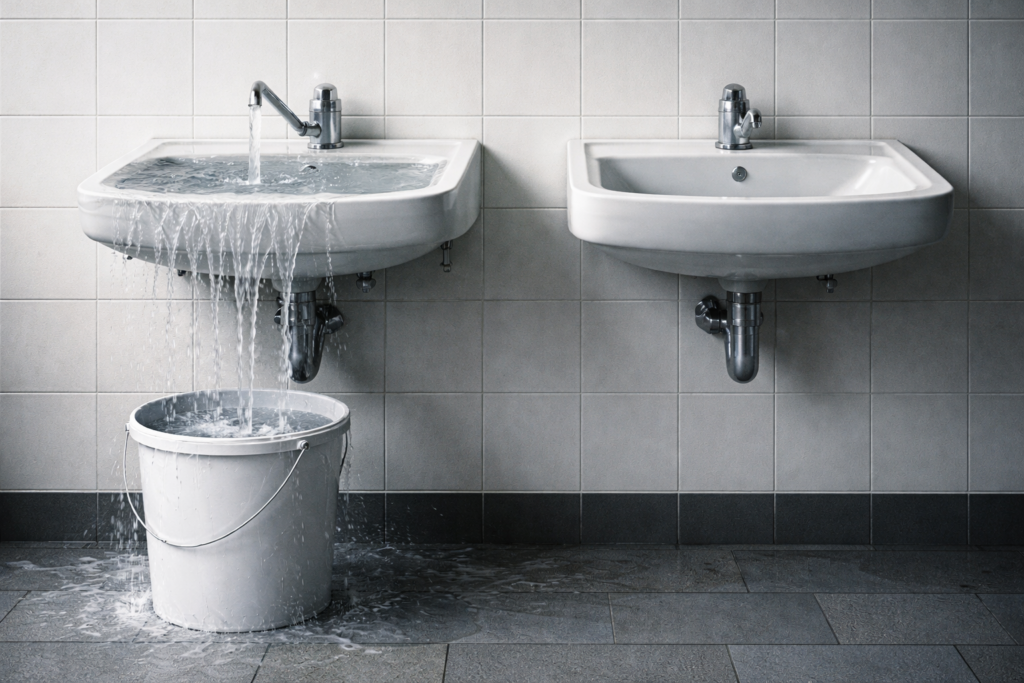 Deux lavabos muraux identiques, l’un débordant d’eau dans un seau plein tandis que l’autre reste inutilisé, dans un environnement fonctionnel et neutre.