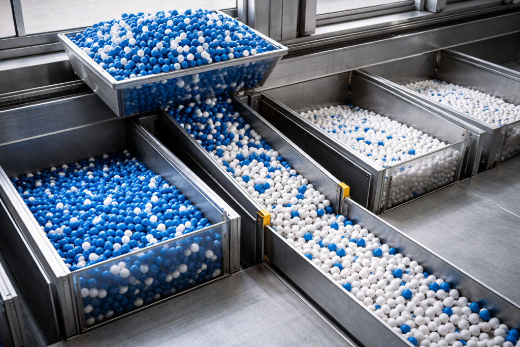 Système industriel de tri avec convoyeurs répartissant des billes bleues et blanches, un bac supérieur saturé tandis que d’autres restent partiellement remplis.