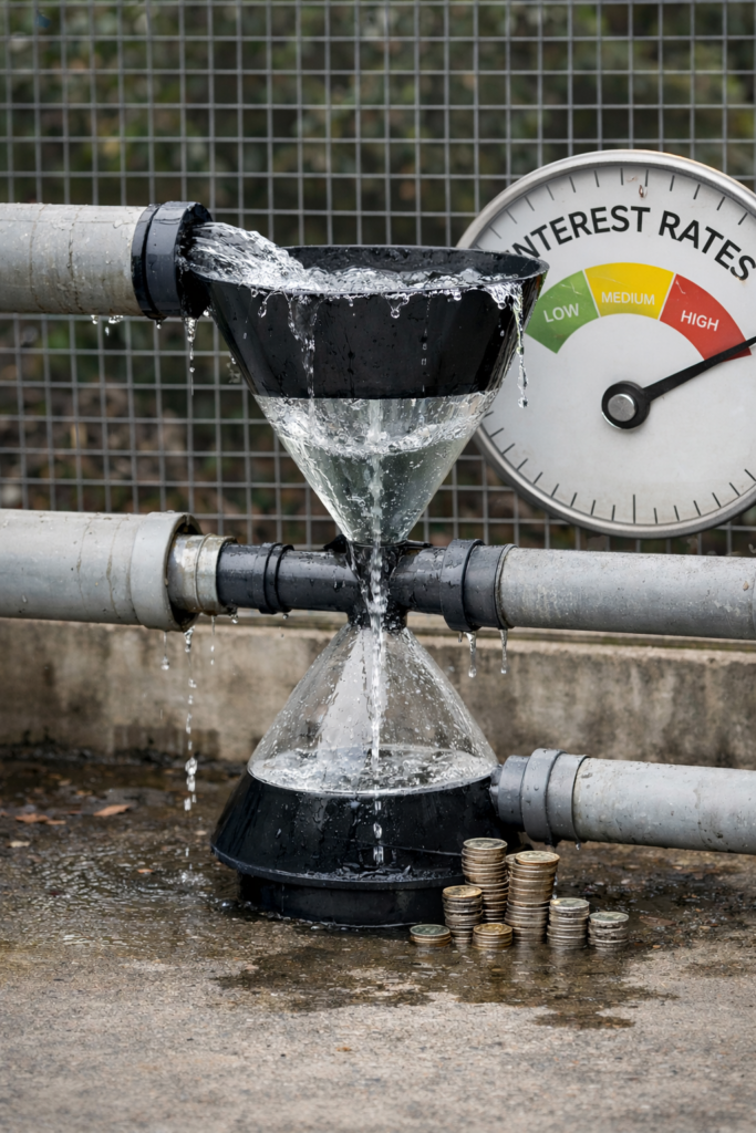 Système de canalisations avec entonnoir laissant s’accumuler l’eau malgré un indicateur de taux d’intérêt élevé, illustrant le décalage entre politique monétaire et crédit