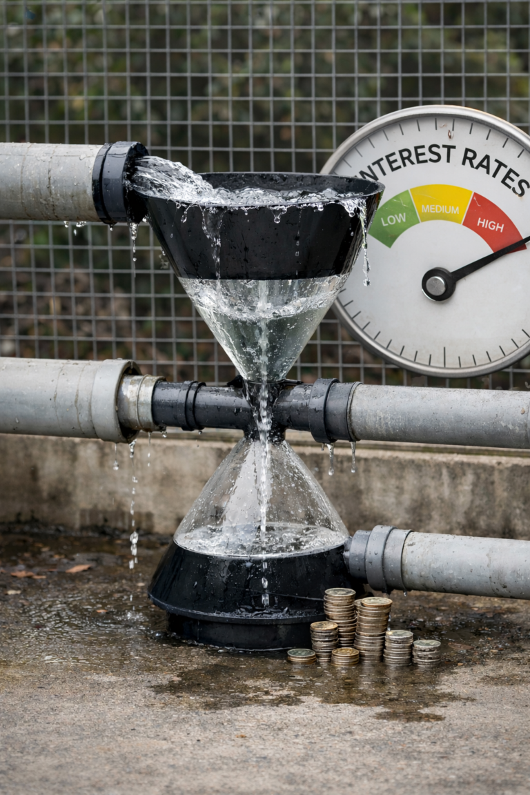 Système de canalisations avec entonnoir laissant s’accumuler l’eau malgré un indicateur de taux d’intérêt élevé, illustrant le décalage entre politique monétaire et crédit