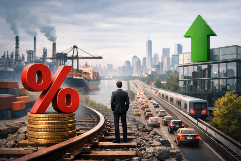 Scène urbaine et industrielle montrant une activité économique soutenue malgré la présence d’une contrainte financière implicite liée à la hausse des taux d’intérêt