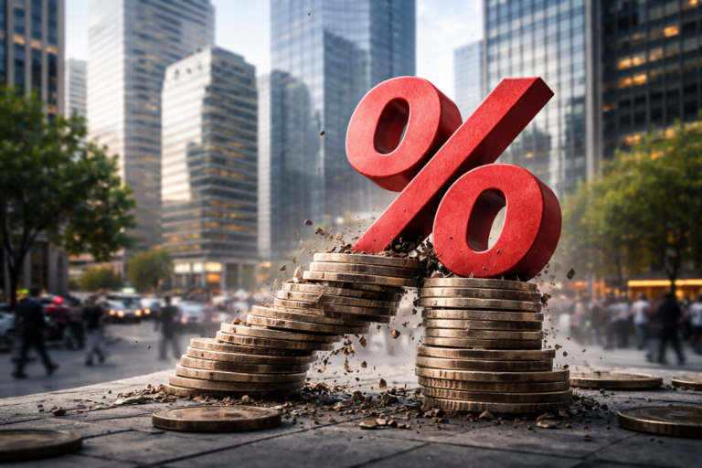 Symbole de taux d’intérêt sous contrainte reposant sur des piles de pièces instables au cœur d’un quartier financier, illustrant le moment où les taux cessent d’être absorbés par les marchés.