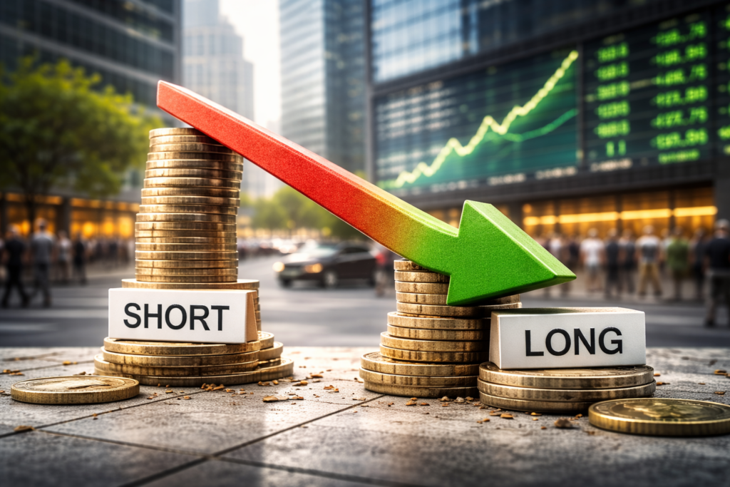 Bâtiments financiers modernes alignés le long d’une avenue urbaine active, illustrant la poursuite de la dynamique de marché malgré une contrainte monétaire structurelle invisible.