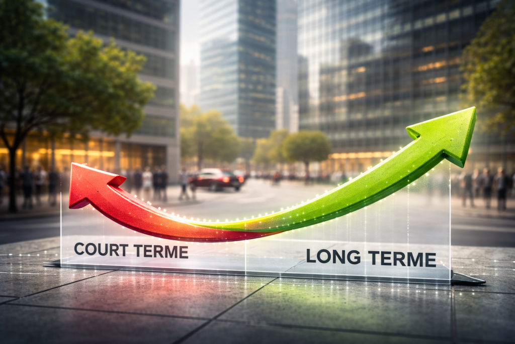 Axe routier urbain vu de côté où des véhicules circulent normalement sur une infrastructure intacte, malgré une signalisation de contrainte invisible, illustrant un déséquilibre latent sans rupture immédiate.