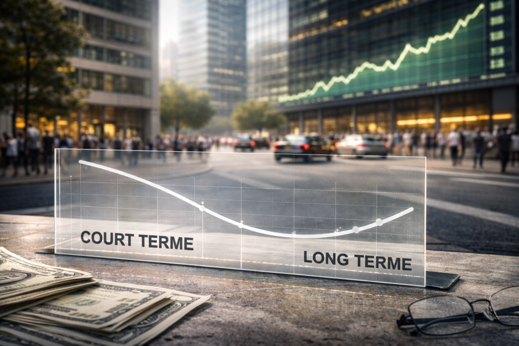 Quartier financier moderne en activité, avec circulation et piétons, illustrant un environnement de marché encore fonctionnel malgré un signal macroéconomique contraignant.