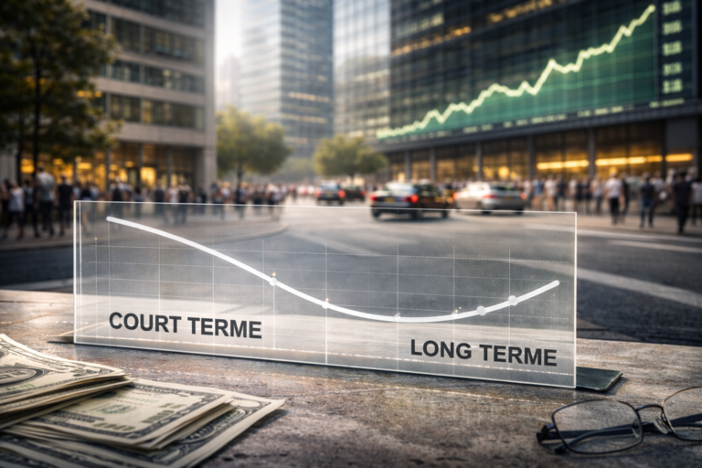 Quartier financier moderne en activité, avec circulation et piétons, illustrant un environnement de marché encore fonctionnel malgré un signal macroéconomique contraignant.