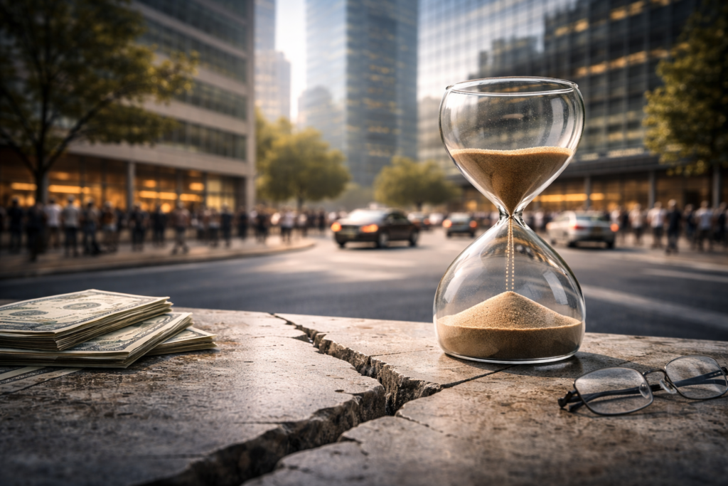 Sablier posé sur une surface fissurée au premier plan, avec activité urbaine fluide en arrière-plan, illustrant un déséquilibre temporel latent sans rupture visible.