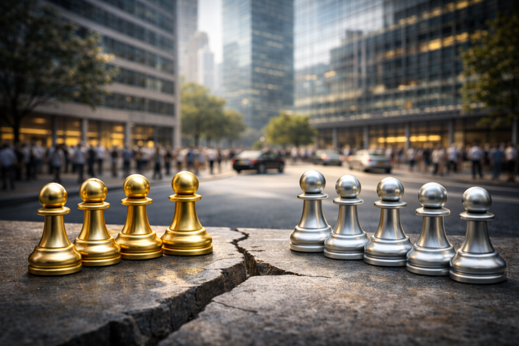 Pions d’échecs métalliques disposés en deux groupes distincts sur une surface fissurée, avec une activité urbaine floue en arrière-plan, illustrant la fragmentation silencieuse des performances boursières.