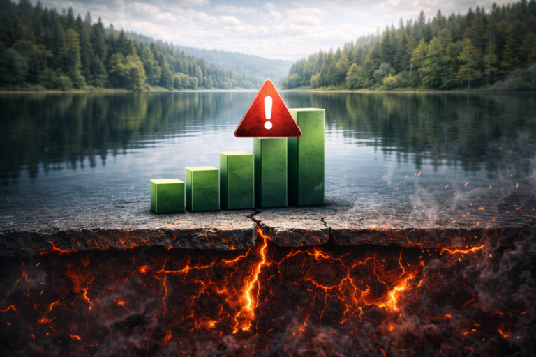 Surface calme et régulière en apparence, reposant sur une structure fissurée et instable, illustrant un équilibre fragile dissimulant des tensions internes croissantes.