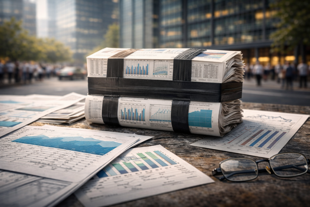 Dossiers financiers épais solidement regroupés sur une surface minérale, au cœur d’un environnement urbain actif, suggérant une accumulation silencieuse de contraintes sous une apparente normalité.