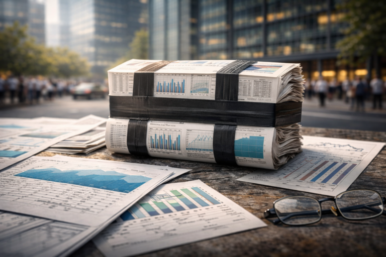 Dossiers financiers épais solidement regroupés sur une surface minérale, au cœur d’un environnement urbain actif, suggérant une accumulation silencieuse de contraintes sous une apparente normalité.