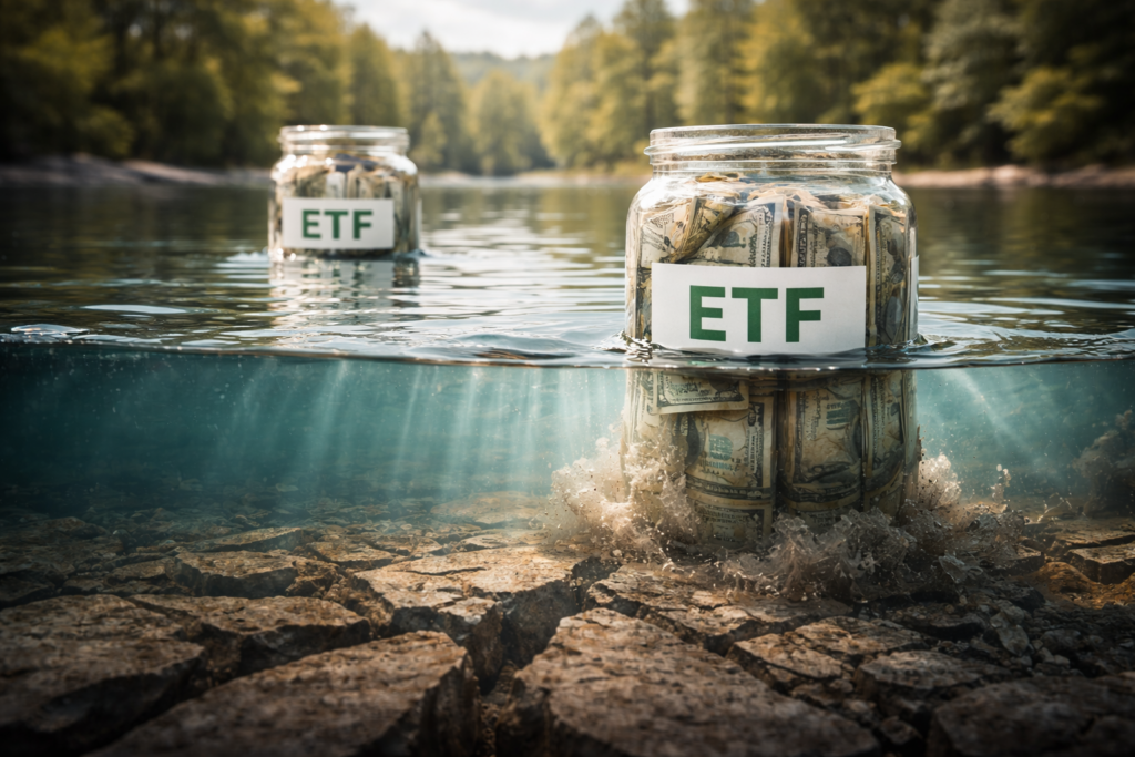 Deux contenants transparents flottant à la surface d’un plan d’eau calme, tandis que le fond révèle des fissures et une matière asséchée, illustrant l’écart entre liquidité apparente et liquidité réelle.