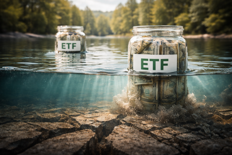 Deux contenants transparents flottant à la surface d’un plan d’eau calme, tandis que le fond révèle des fissures et une matière asséchée, illustrant l’écart entre liquidité apparente et liquidité réelle.