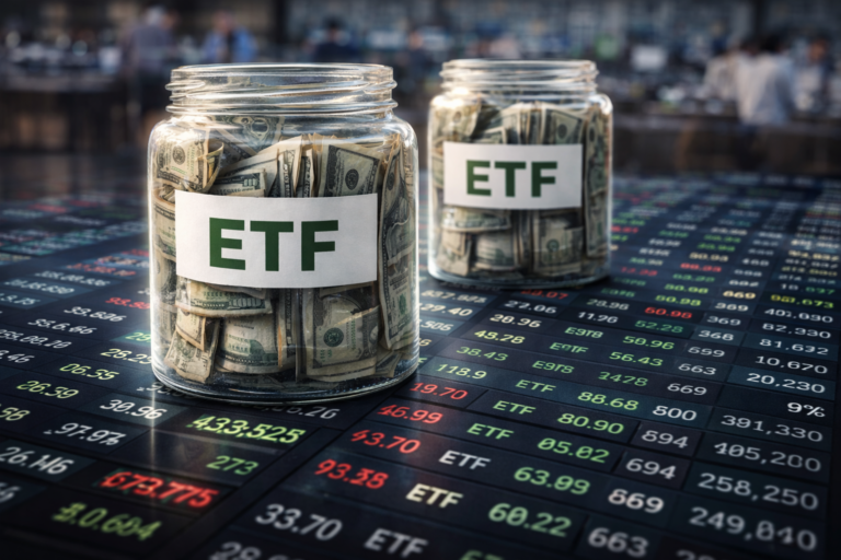 Deux contenants transparents étiquetés ETF placés au premier plan, tandis que l’arrière-plan reste volontairement flou, illustrant un point de concentration de l’information de marché.